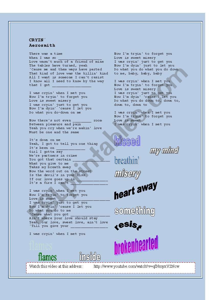 SONG: CRYIN BY AEROSMITH worksheet