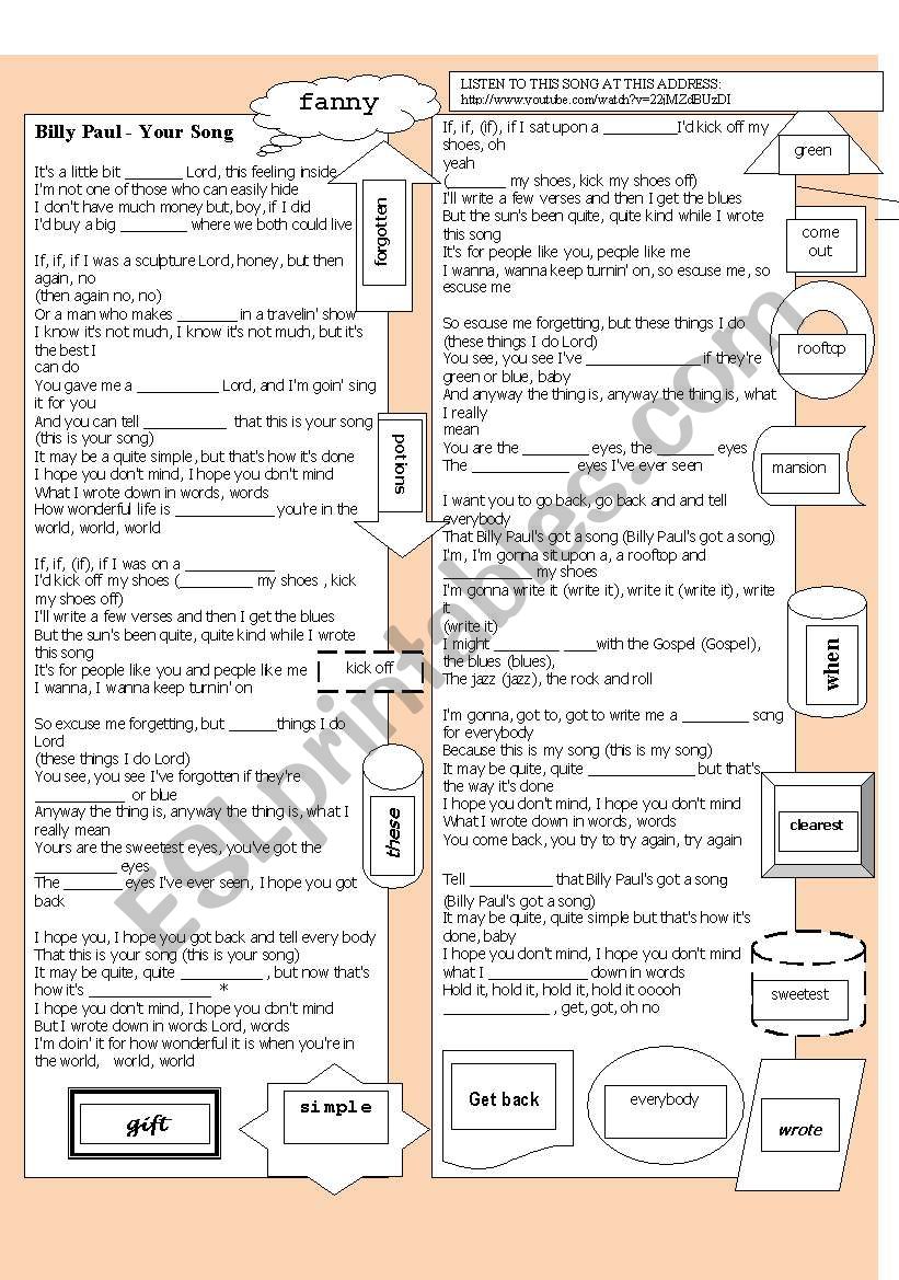 SONG: YOUR SONG BY BILLY PAUL worksheet