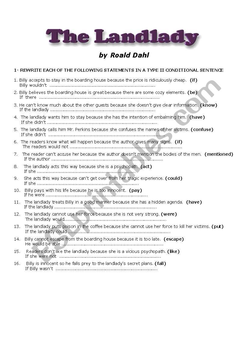 The Landlady Esl Worksheet By Cris M