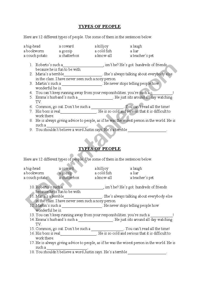 Types of people worksheet