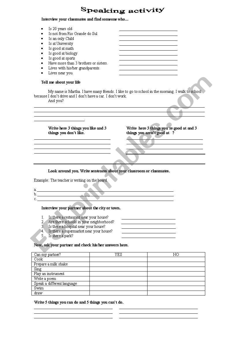 speaking activity  worksheet