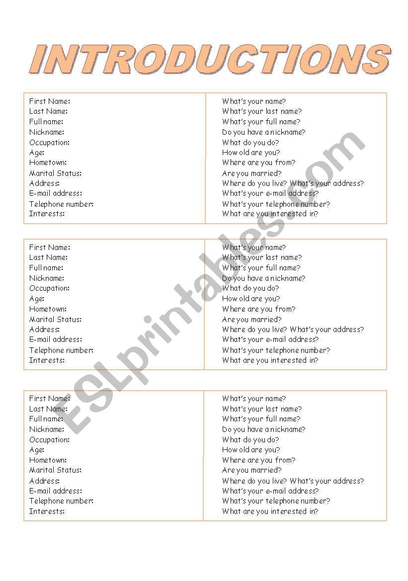 First class introductions worksheet