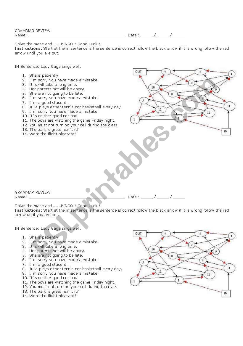 maze with grammar exercises worksheet