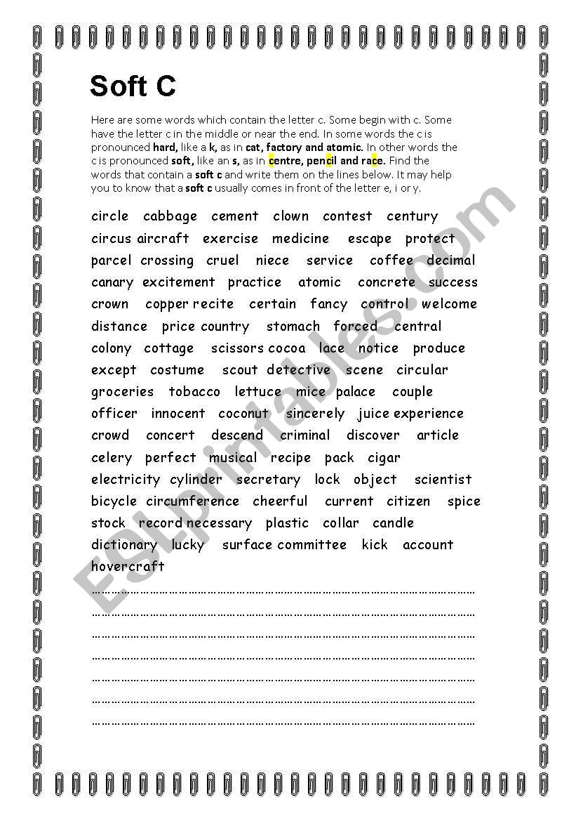 English Pronunciation: Soft C worksheet