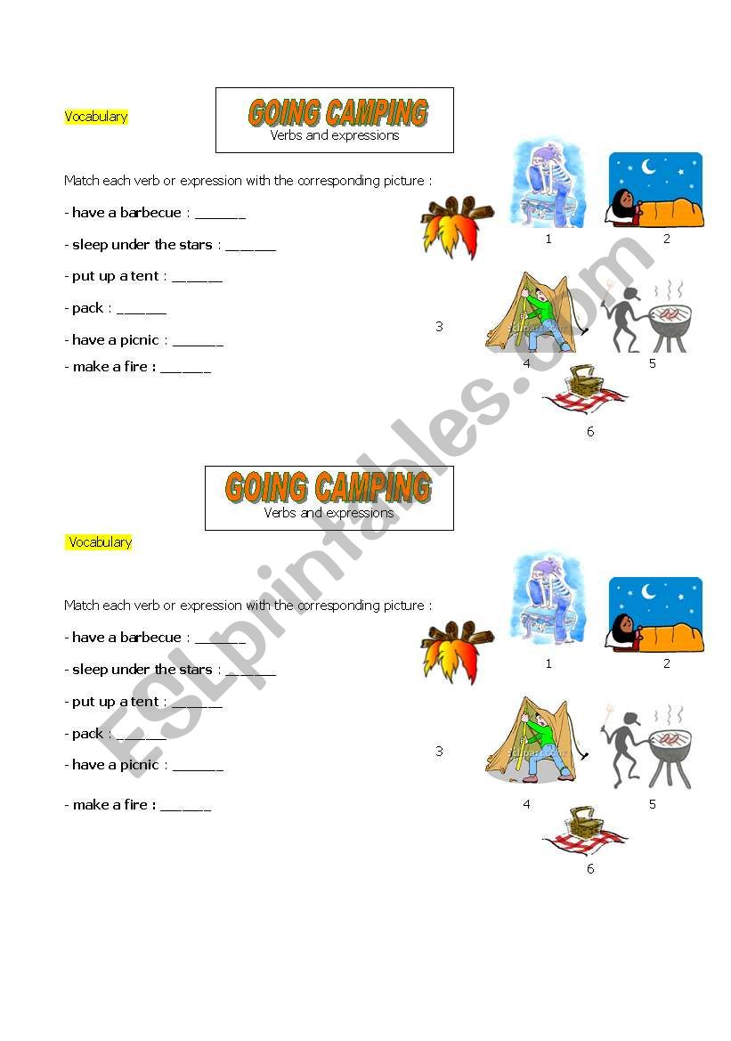 Going camping worksheet