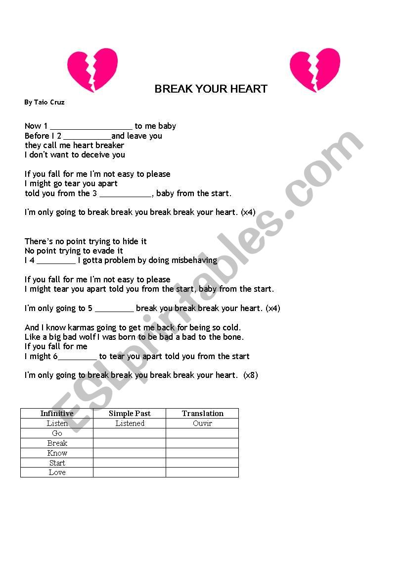 BREAK YOUR HEART - TAIO CRUZ worksheet