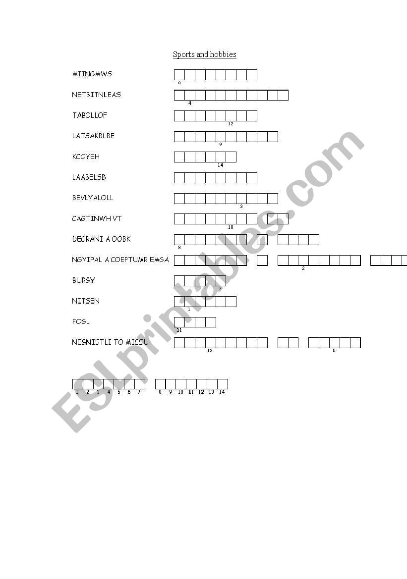 Sports and hobbies word jumble