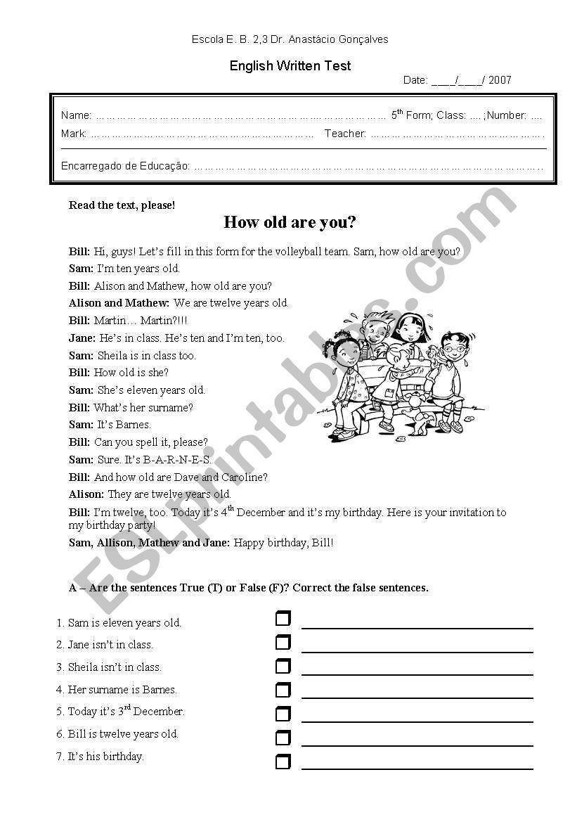 Test 5th form worksheet