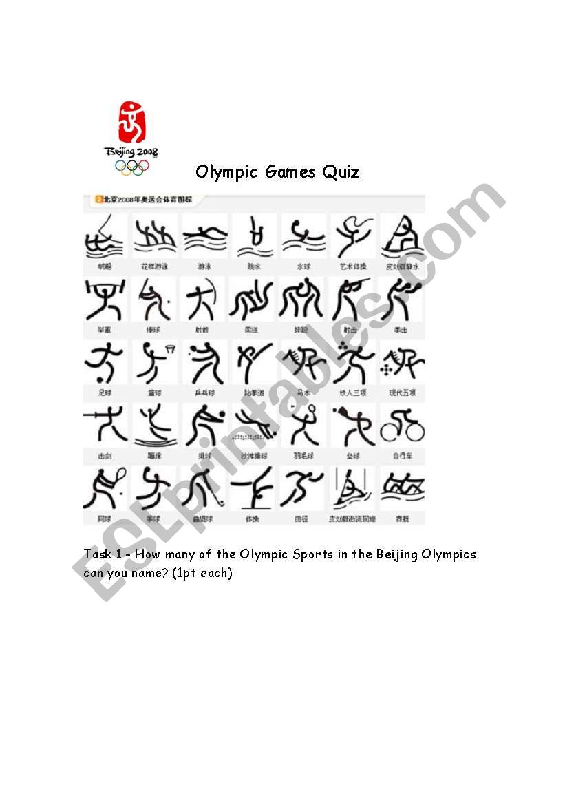Olympic games quiz worksheet