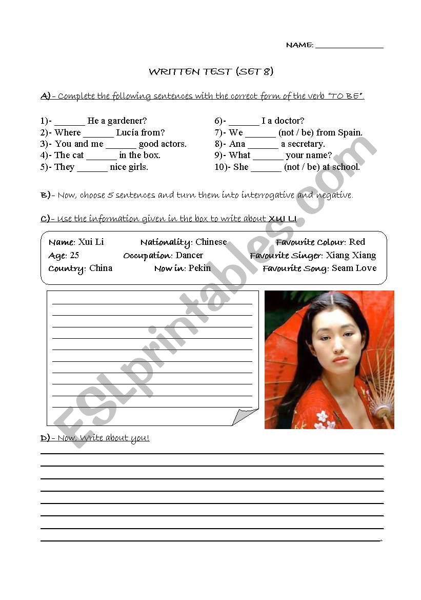 Verb To Be Test (Sets 8/12) worksheet