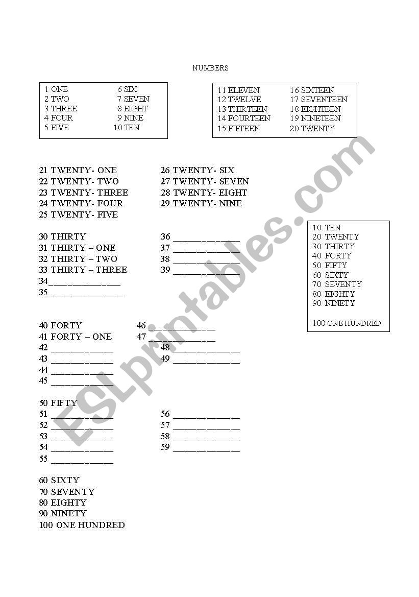 Numbers 1 to 100 worksheet