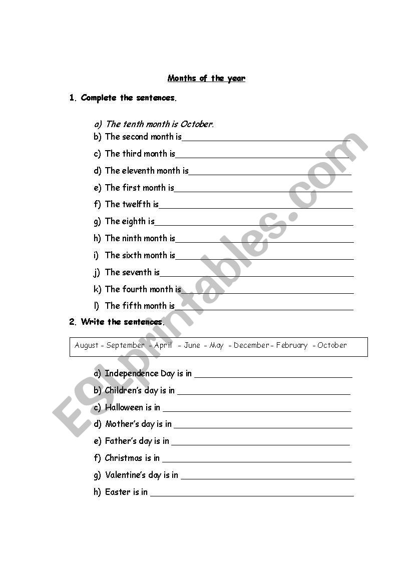 Months of the year and ordinal numbers_exercises