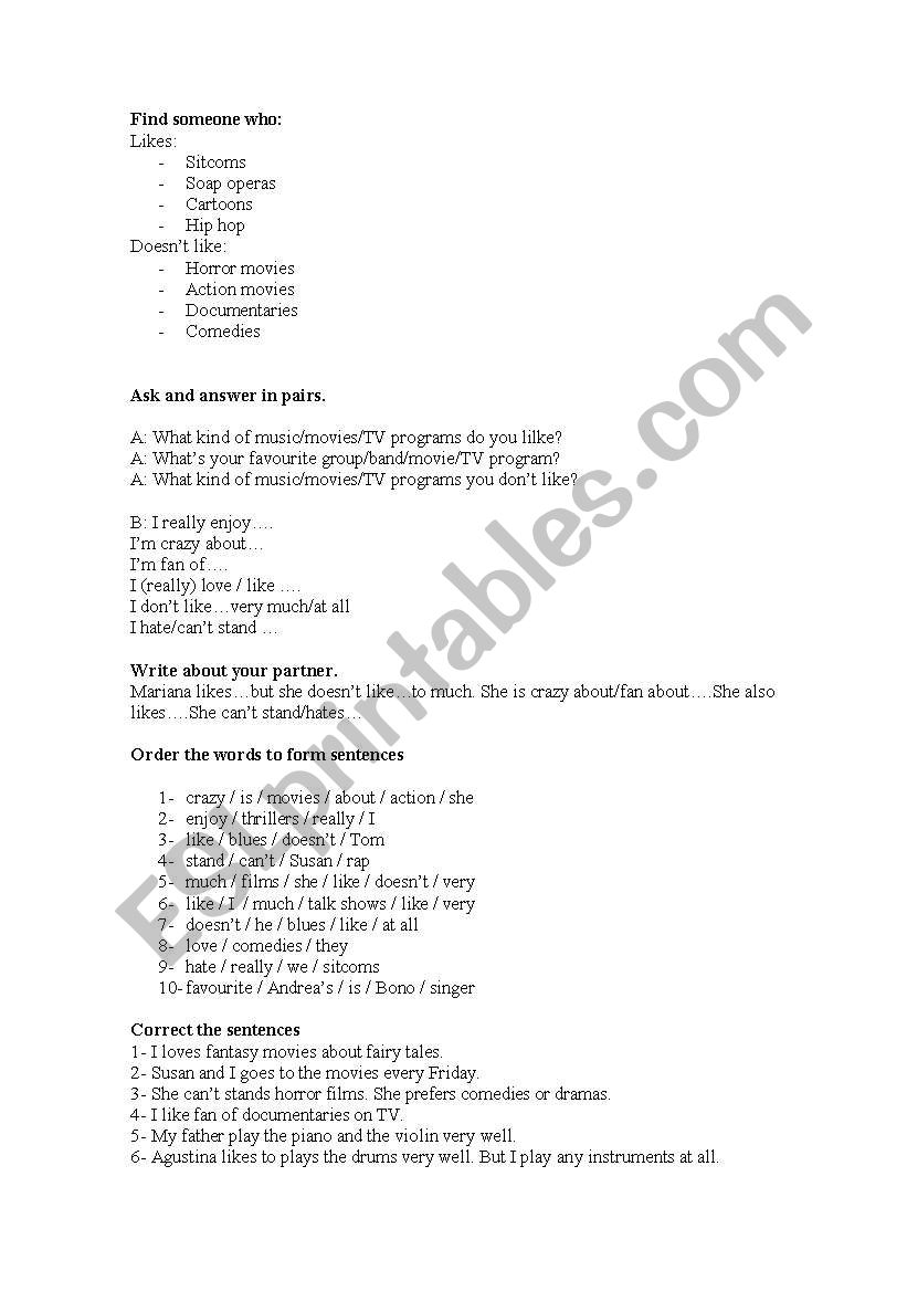Likes and dislikes worksheet