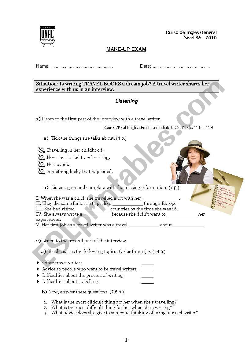 LISTENING- TRAVEL WRITING worksheet