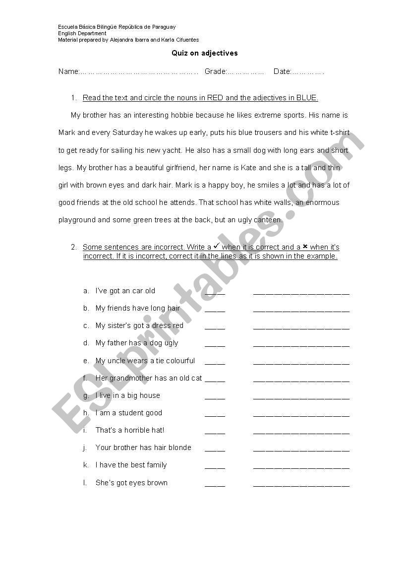 Adjectives worksheet