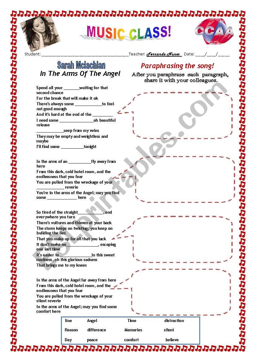 IN THE ARMS OF THE ANGEL worksheet