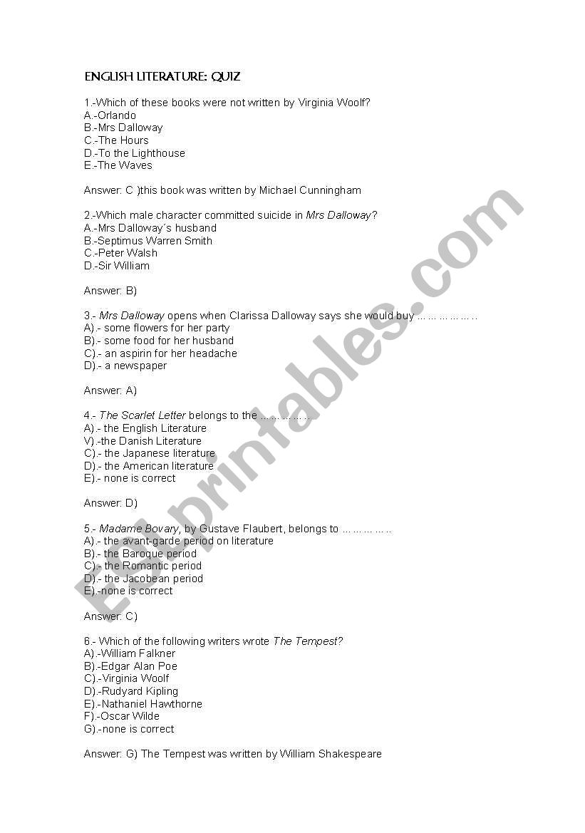 ENGLISH LITERATURE: QUIZ worksheet