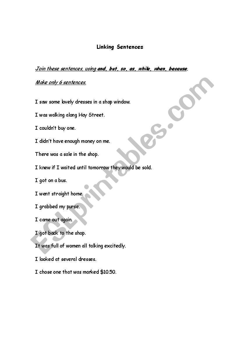 English Worksheets Linking Sentences