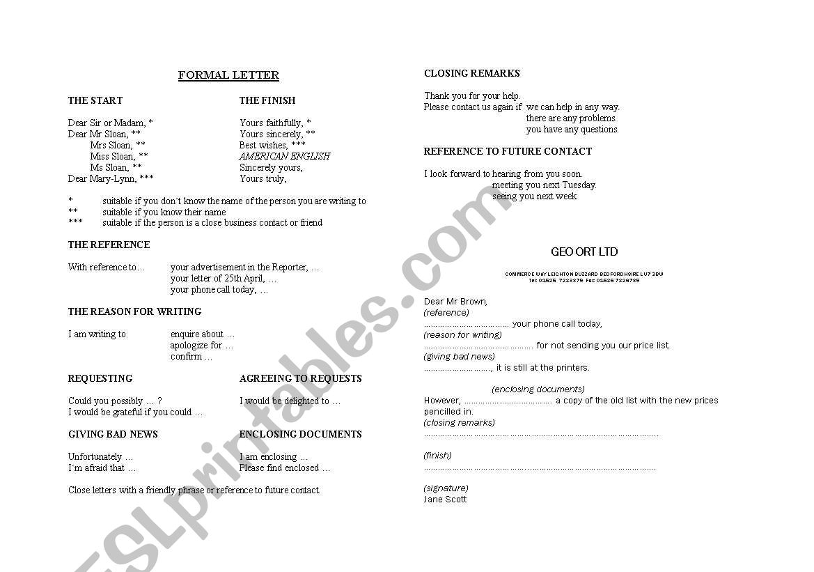 Formal letter worksheet