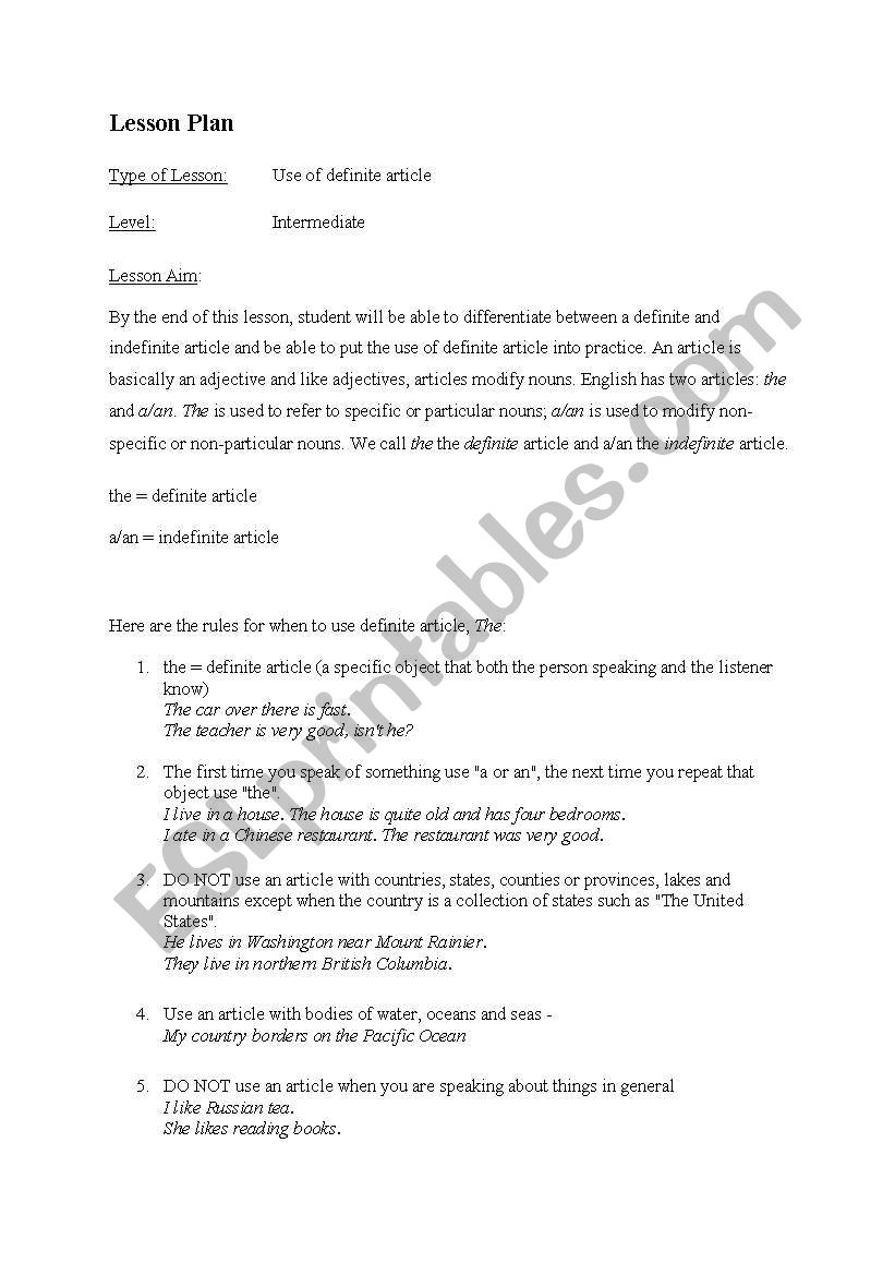 Definite article lesson plan and exercises