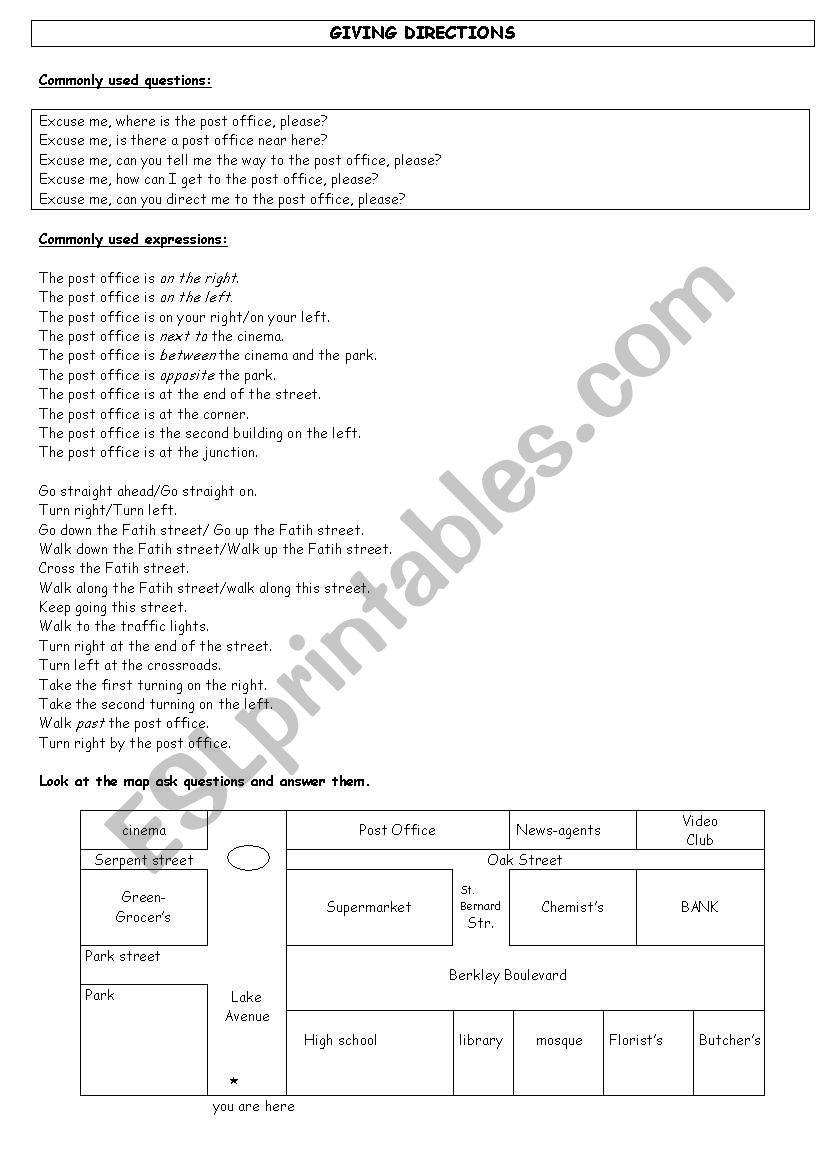 giving directions worksheet