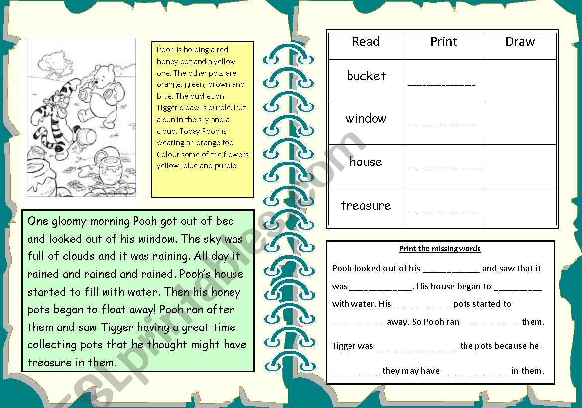 Pooh and the flood worksheet