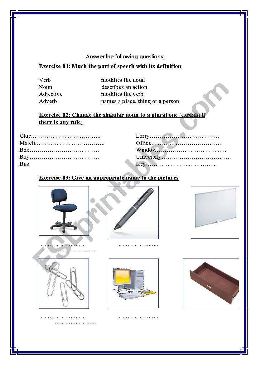 parts of speech 1/8 worksheet