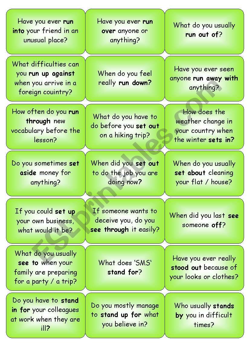 Phrasal Verbs Question Cards - ESL worksheet by Petpet