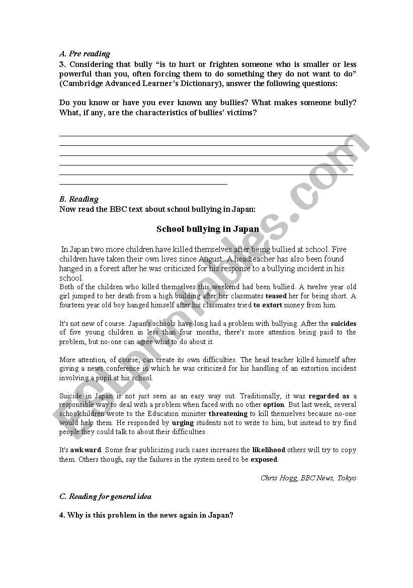 Reading - Bullying worksheet