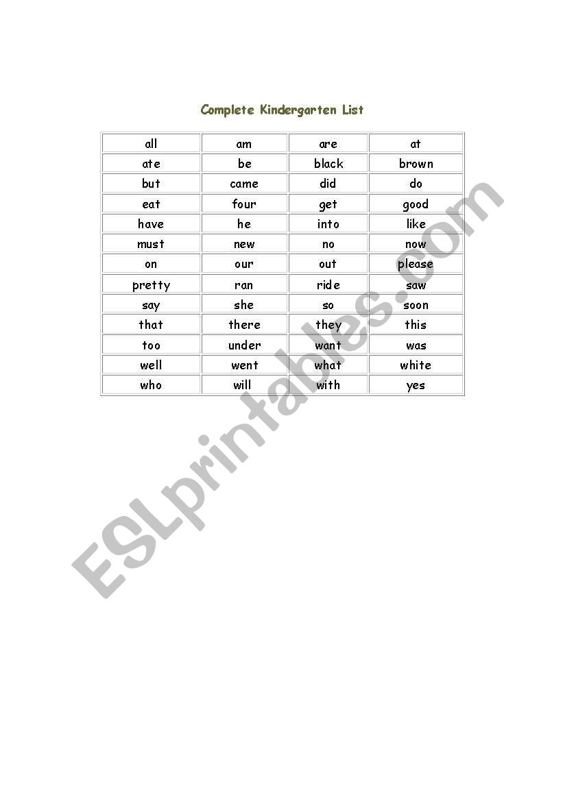protsman kindergarten sight word list protsman kindergarten sight word list