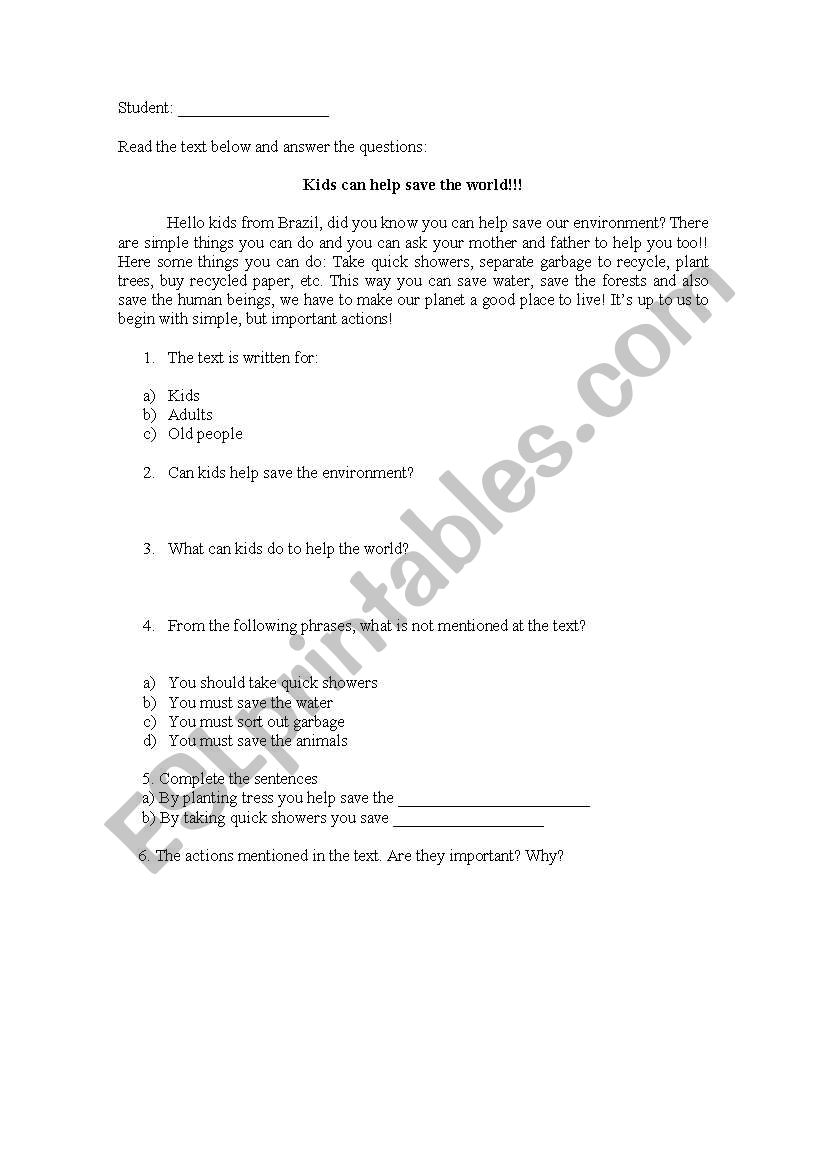 Environment sheet worksheet