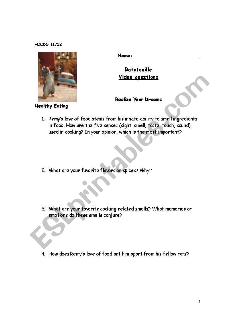 Ratatouille Video questions worksheet