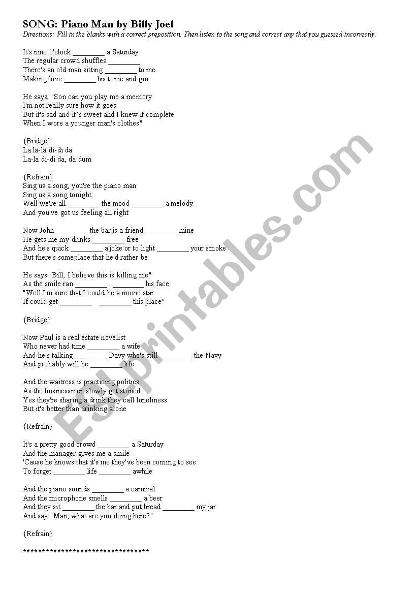 Piano Man Song by Billy Joel to practice prepositions