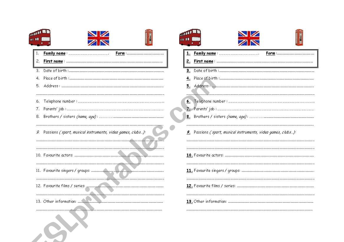 Pupil information form worksheet