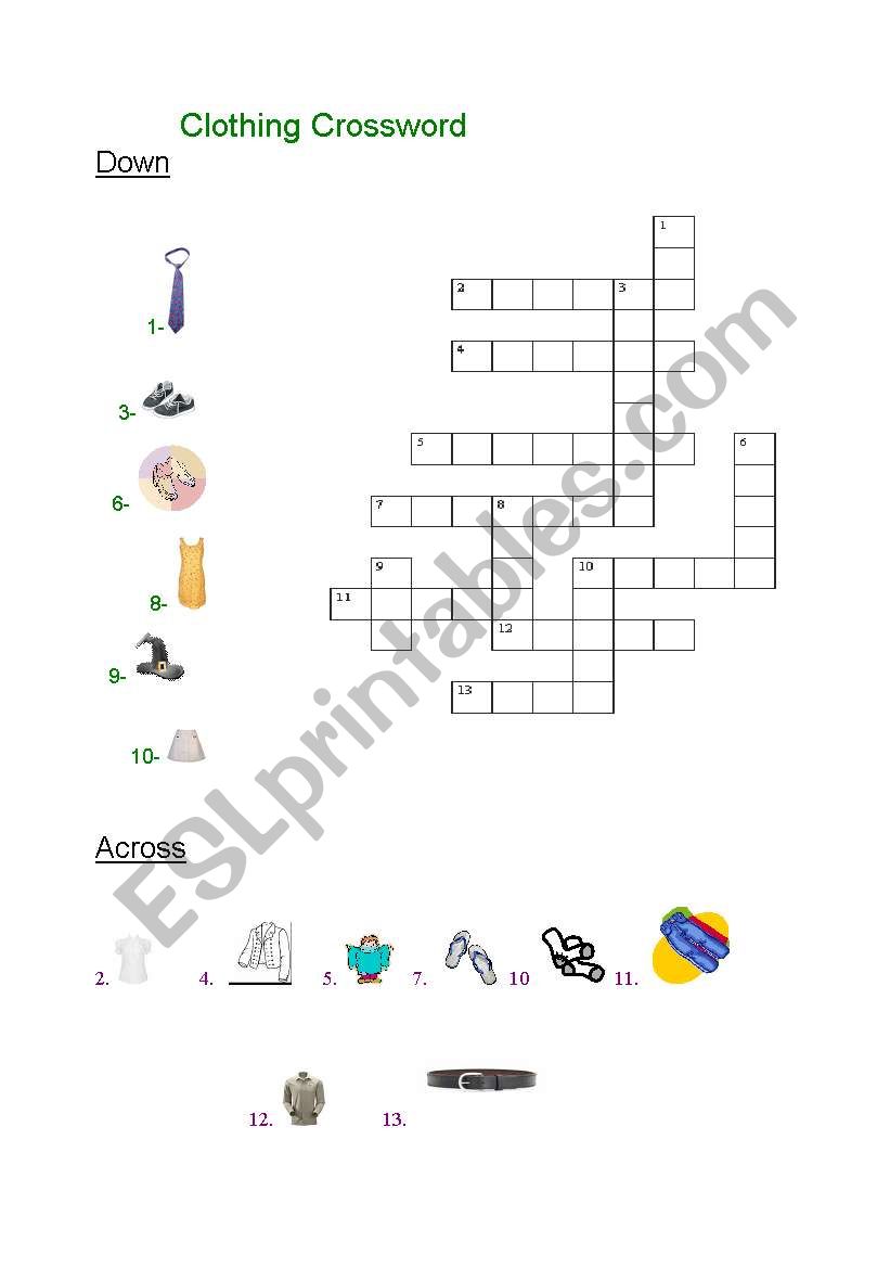 Clothing crossword worksheet