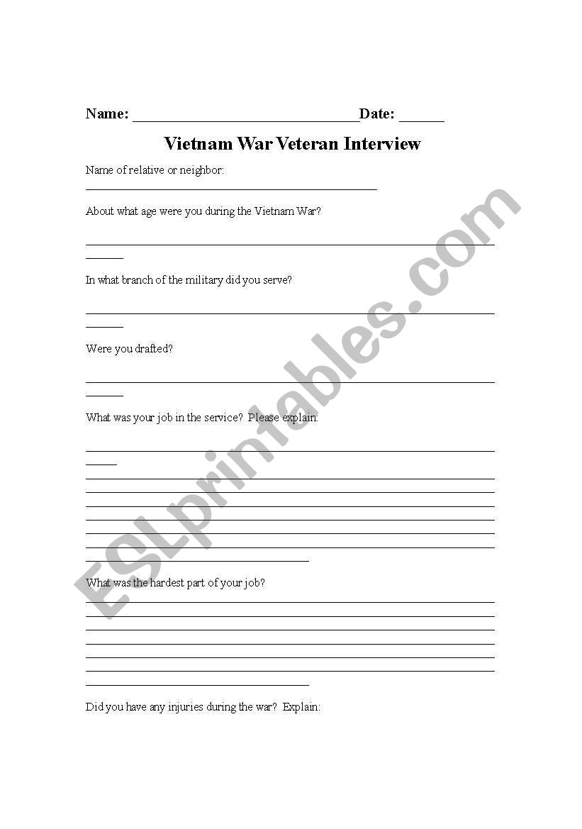 Vietnam Veteran Interview worksheet