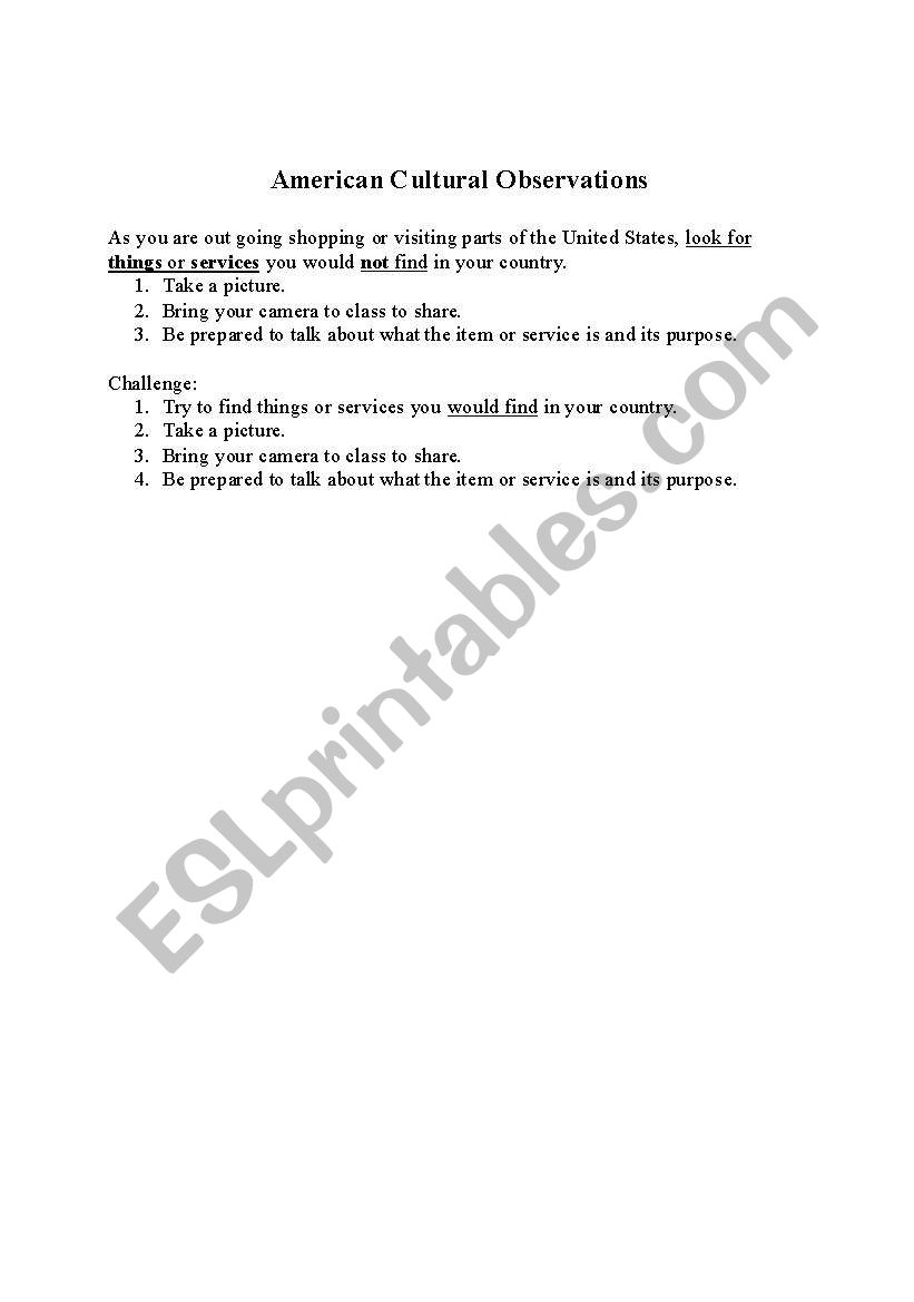 Cultural Exploration worksheet