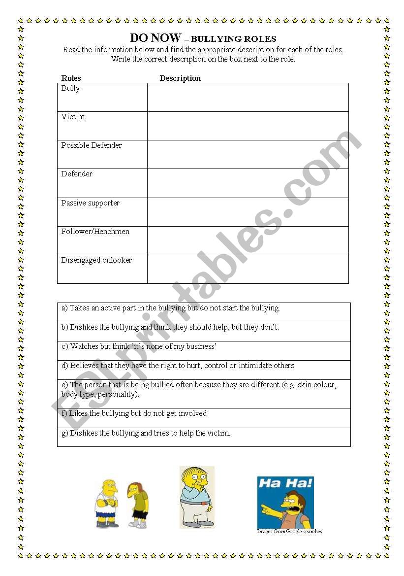 SIMPSONS BULLYING ROLES worksheet