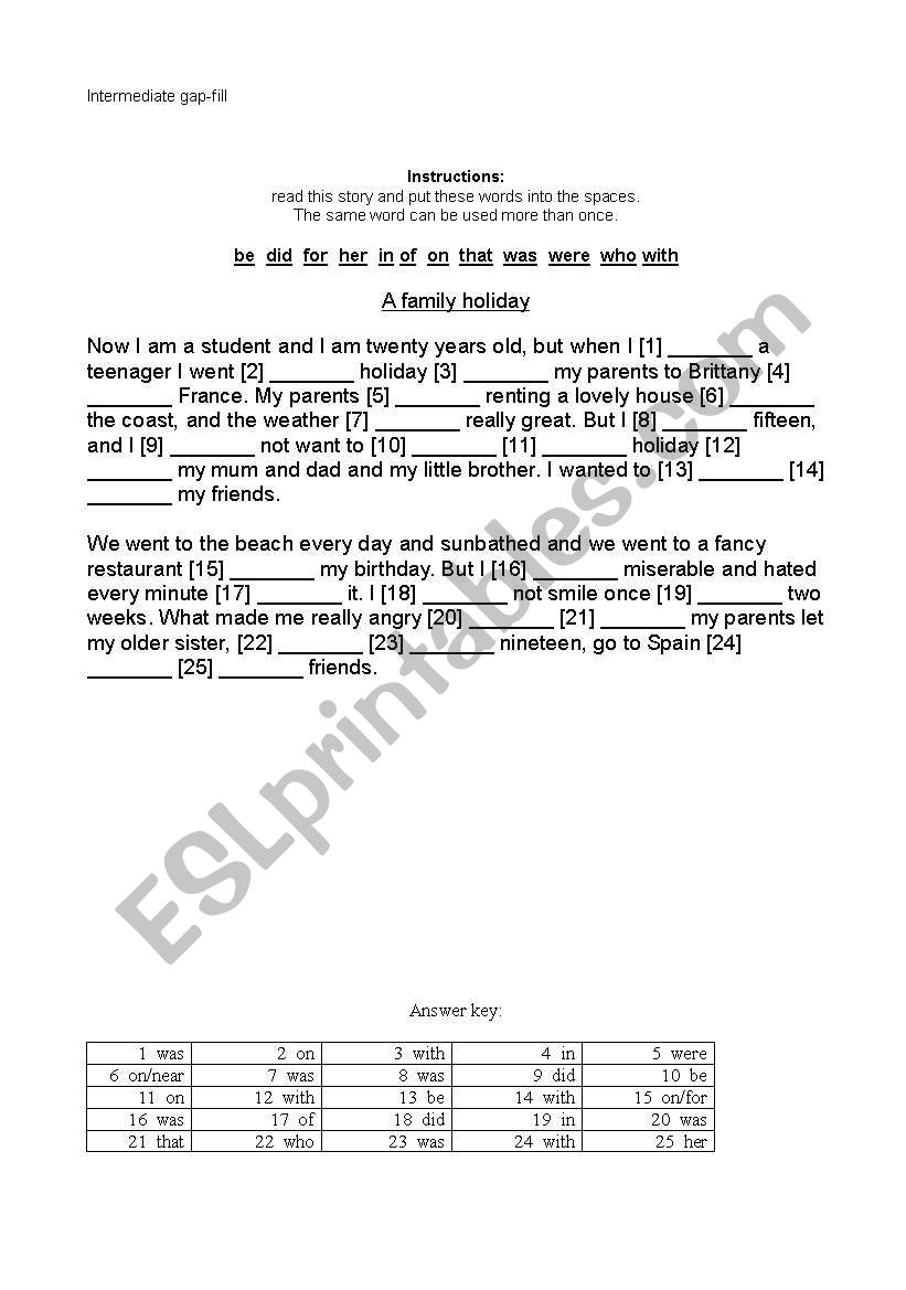 Pre-Intermediate Gap-fill: A family holiday