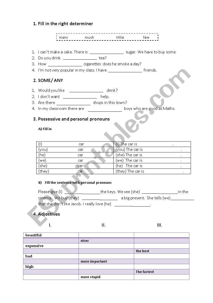 Grammar test - adjectives, pronouns, present tenses, articles