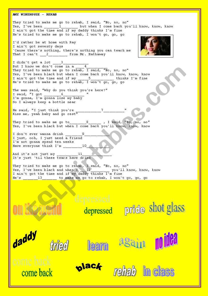 SONG: REHAB - AMY WINEHOUSE worksheet