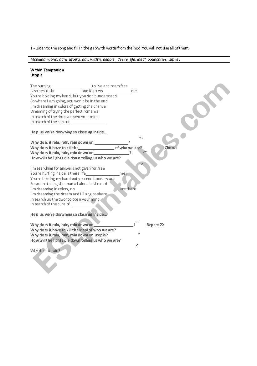 Song: Utopia worksheet