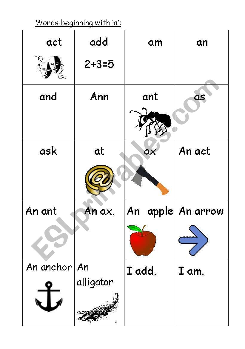 Phonics - words beginning with a. Starting to read