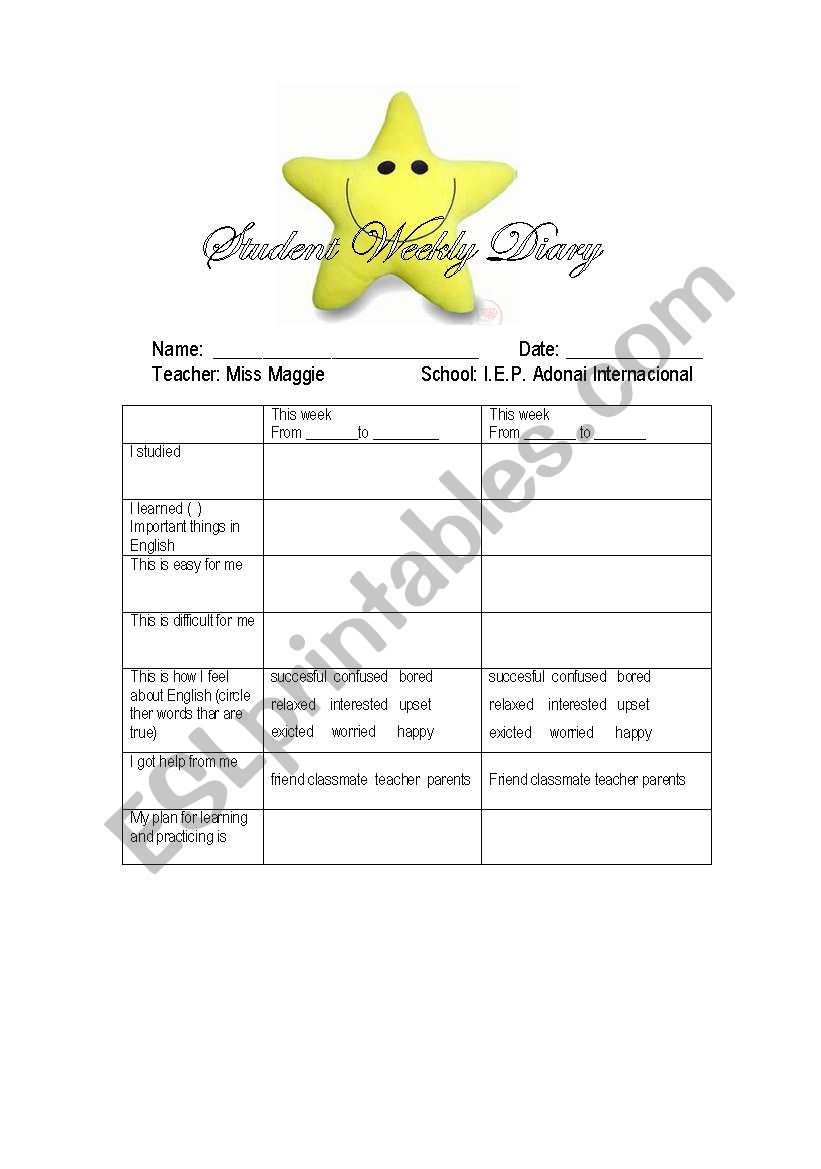 Student weekly diary worksheet