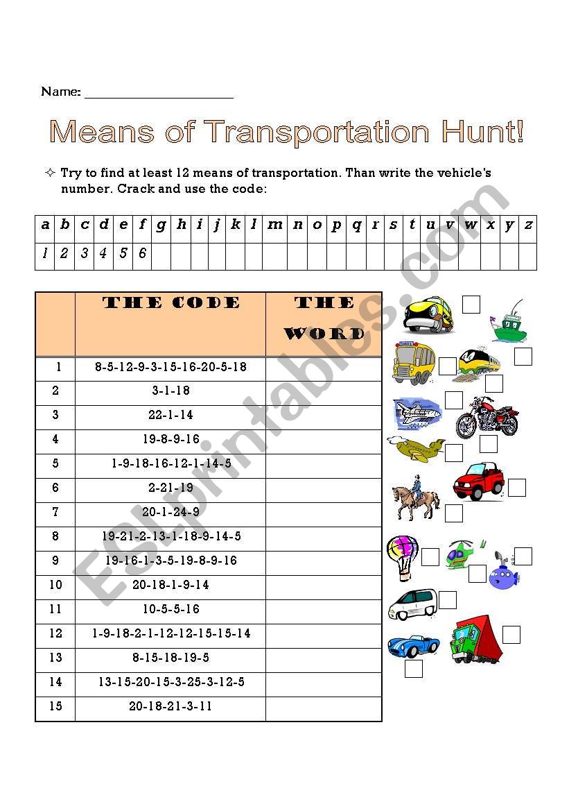 means of transportation hunt worksheet