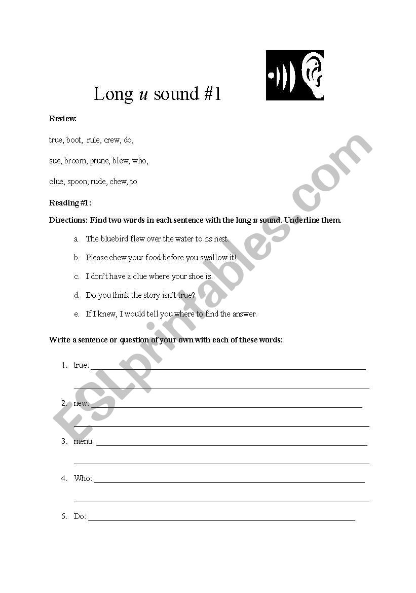 Long vowels: u worksheet