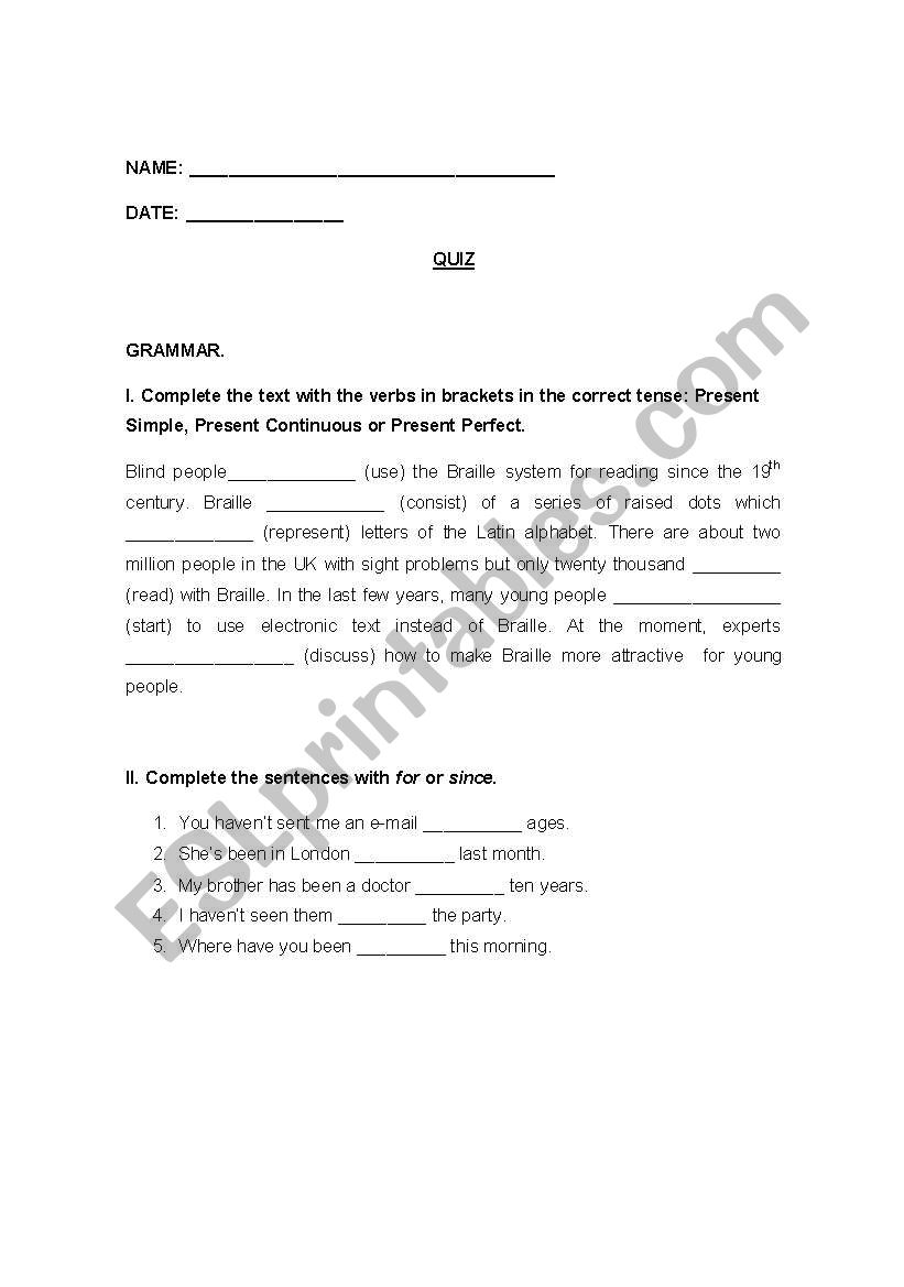 TENSES QUIZ worksheet