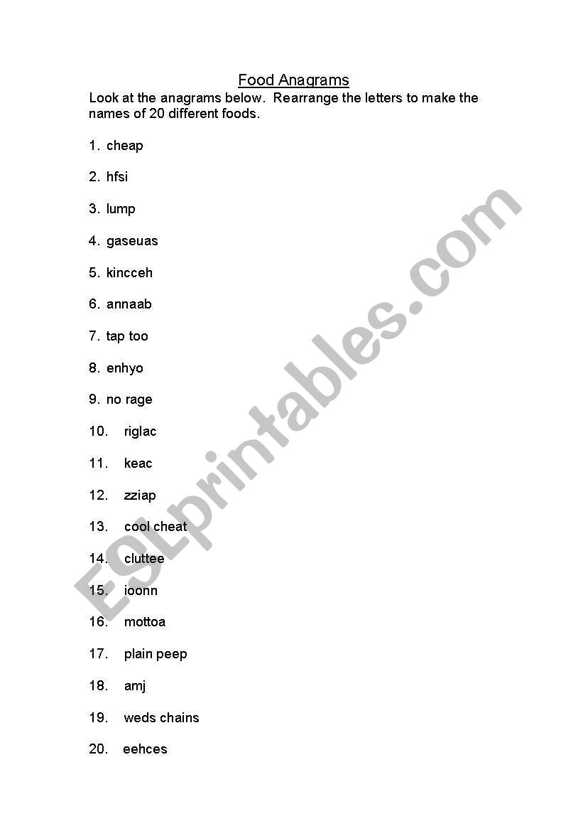 Food Anagrams - Elementary + worksheet