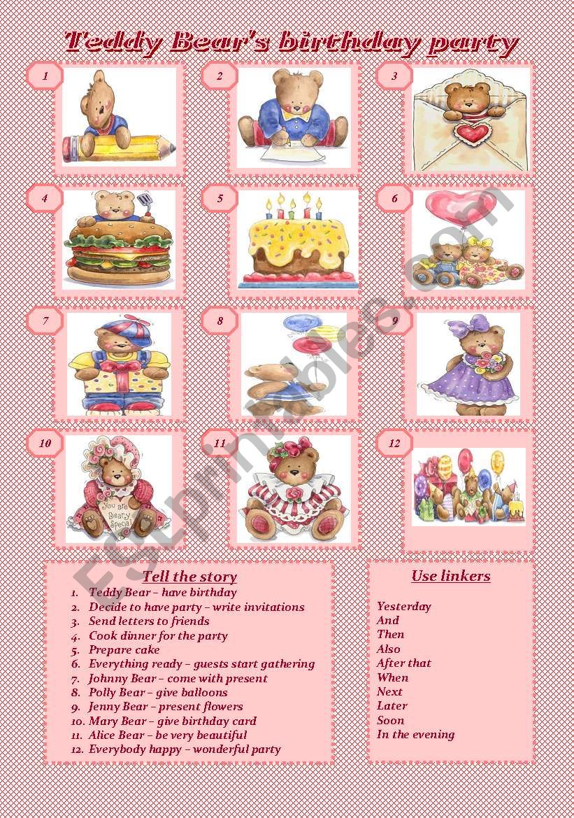 Teddy Bear´s birthday party - story in pictures. Storytelling for children (Past simple)