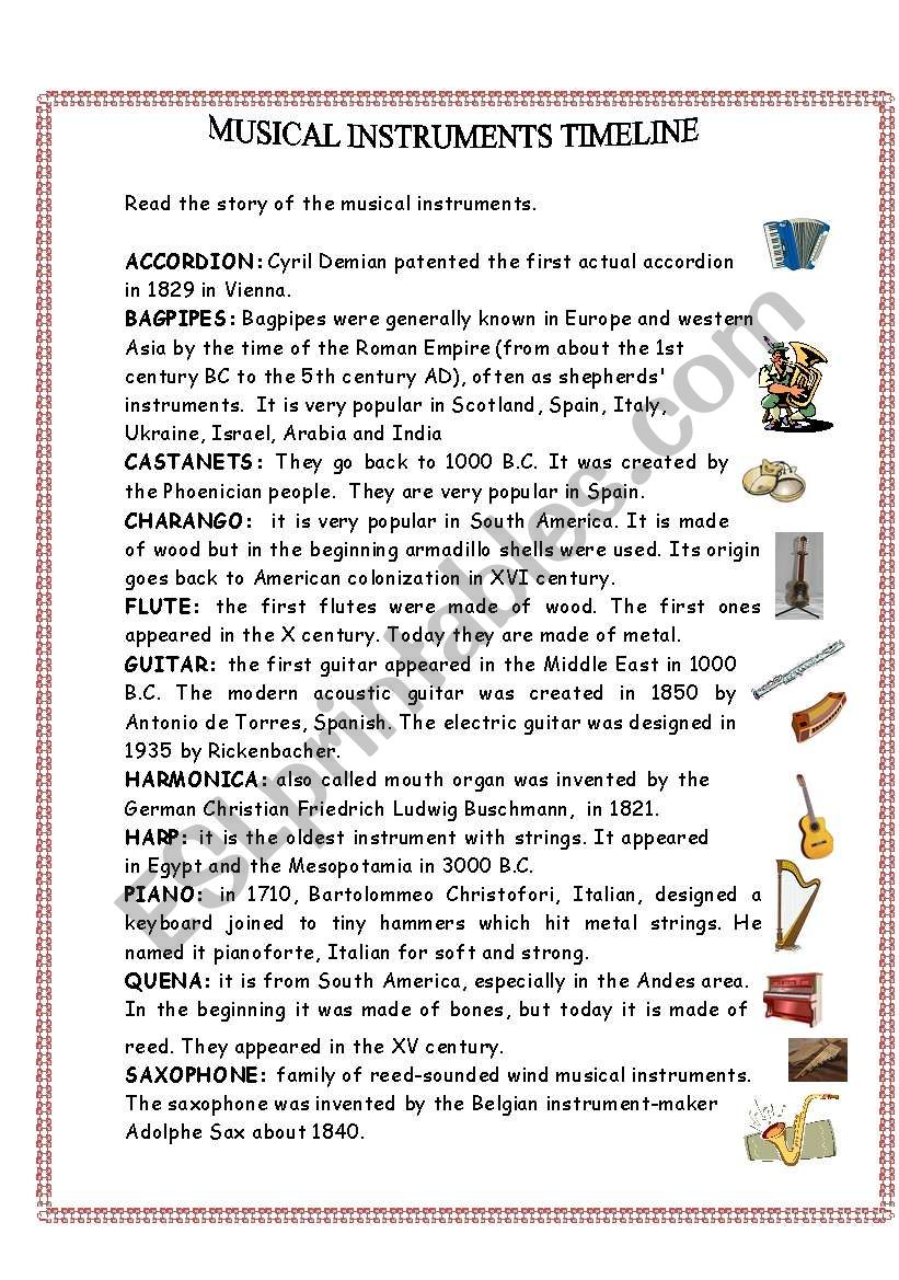 Musical instruments timeline worksheet